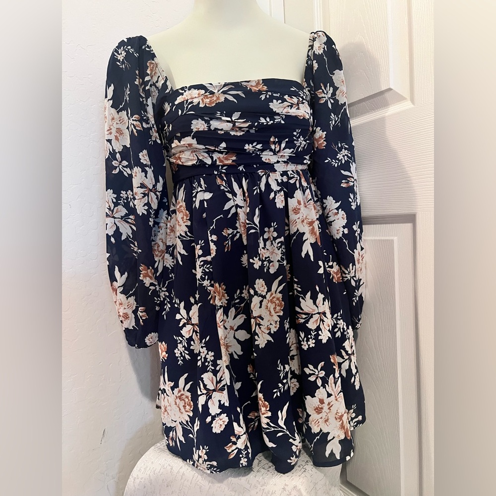 Abercrombie & Fitch Womens Blue Floral Square Neck Long Sleeve Mini Dress Sz XS